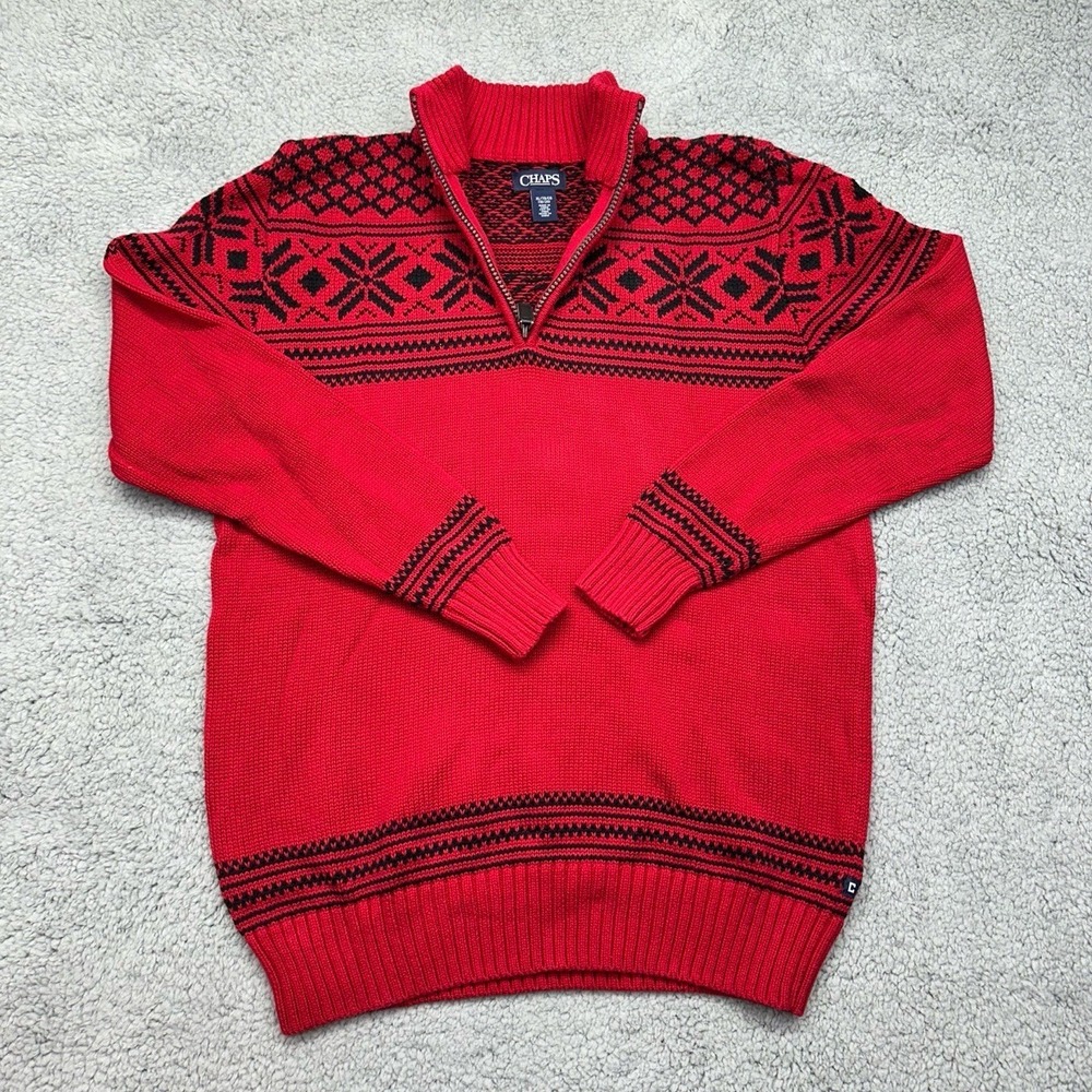 Chaps 333571269 Boys XL 18/20 Red/Black Nordic Fair Isle Knit 1/4 Zip Sweater